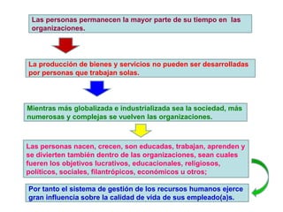 Las personas permanecen la mayor parte de su tiempo en las
organizaciones.
Por tanto el sistema de gestión de los recursos humanos ejerce
gran influencia sobre la calidad de vida de sus empleado(a)s.
La producción de bienes y servicios no pueden ser desarrolladas
por personas que trabajan solas.
Mientras más globalizada e industrializada sea la sociedad, más
numerosas y complejas se vuelven las organizaciones.
Las personas nacen, crecen, son educadas, trabajan, aprenden y
se divierten también dentro de las organizaciones, sean cuales
fueren los objetivos lucrativos, educacionales, religiosos,
políticos, sociales, filantrópicos, económicos u otros;
 