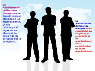 La
Administración
de Recursos
Humanos es un
área de especial
atención en las
organizaciones,
ya que
contribuye al
logro de los
objetivos de
estas y de las
personas que lo
conforman.
La
Administración
de Recursos
Humanos es una
especialidad que
surgió con el
crecimiento de
las
organizaciones y
con la
complejidad de
las tareas
organizacionales.
 