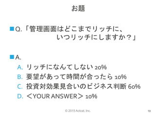 © 2015 Actcat, Inc.
お題
Q.「管理画面はどこまでリッチに、
いつリッチにしますか？」
A.
A. リッチになんてしない 20%
B. 要望があって時間が合ったら 10%
C. 投資対効果見合いのビジネス判断 60%
D. ＜YOUR ANSWER＞ 10%
19
 