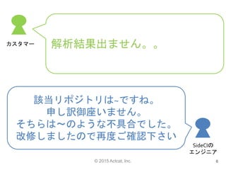 © 2015 Actcat, Inc. 6
解析結果出ません。。
該当リポジトリは~ですね。
申し訳御座いません。
そちらは〜のような不具合でした。
改修しましたので再度ご確認下さい
カスタマー
SideCIの
エンジニア
 