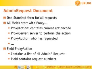 AdminRequest Document
One Standard form for all requests
All Fields start with Proxy...
• ProxyAction: contains current actioncode
• ProxyServer: server to perform the action
• ProxyAuthor: who has requested
• ...
Field ProxyAction
• Contains a list of all AdminP Request
• Field contains request numbers
UKLUG 2012: AdminP Deep Dive, Olaf Boerner, BCC

 