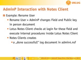 AdminP Interaction with Notes Client
Example: Rename User
• Rename User > AdminP changes Field and Public key
in person document
• Lotus Notes Client checks at login for these field and
execute internal procedures inside Lotus Notes Client
• Notes Clients creates
• a „done successfull“ log document in admin4.nsf

UKLUG 2012: AdminP Deep Dive, Olaf Boerner, BCC

 