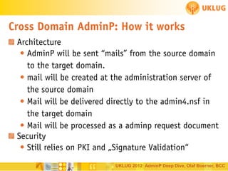 Cross Domain AdminP: How it works
Architecture
• AdminP will be sent “mails” from the source domain
to the target domain.
• mail will be created at the administration server of
the source domain
• Mail will be delivered directly to the admin4.nsf in
the target domain
• Mail will be processed as a adminp request document
Security
• Still relies on PKI and „Signature Validation“
UKLUG 2012: AdminP Deep Dive, Olaf Boerner, BCC

 