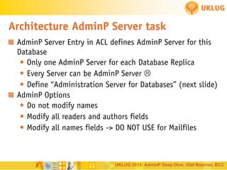 Architecture AdminP Server task
AdminP Server Entry in ACL defines AdminP Server for this
Database
• Only one AdminP Server for each Database Replica
• Every Server can be AdminP Server 
• Define “Administration Server for Databases” (next slide)
AdminP Options
• Do not modify names
• Modify all readers and authors fields
• Modify all names fields -> DO NOT USE for Mailfiles

UKLUG 2012: AdminP Deep Dive, Olaf Boerner, BCC

 