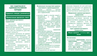 Что нужно:
Сдержать эмоции, успокоиться
Внимательно прочитать текст:




Оформление административного
задержания:

ВАС ЗАДЕРЖАЛИ В
АДМИНИСТРАТИВНОМ
ПОРЯДКЕ
Цель административного
задержания
- пресечение административного
правонарушения, когда исчерпаны
другие методы воздействия,
-установление личности нарушителя
(если у него нет документа, удостове-
ряющего личность),
- составления протокола об админи-
стративном правонарушении при
невозможности его составления на
месте выявления административного
правонарушения (в случае если
составление протокола является
обязательным),
- обеспечение своевременного и
правильного рассмотрения дела и
исполнения принятого по делу
постановления.
Возможные последствия админи-
стративного правонарушения:
личный досмотр (должен
производиться лицом такого же пола,
как и задержанный),
досмотр вещей и изъятие вещей и
документов, в том числе
водительского удостоверения,
наградного, огнестрельного
охотничьего, пневматического оружия
калибра свыше 4,5 мм и скоростью
полета пули свыше 100 метров в
секунду и холодного оружия, боевых
припасов и специальных средств
самообороны,
временное задержание
транспортного средства,
отстранение водителей от управления
транспортными средствами, речными
или маломерными судами и проверка
на состояние алкогольного,
наркотического или другого
опьянения или на пребывание под
воздействием лекарственных
препаратов, снижающих их внимание
и скорость реакции.
Эти действия производятся в порядке,
предусмотренном Кодексом Украины
об административных
правонарушениях или другими
Сотрудник правоохранительного органа
обязательно составляет протокол об
административном задержании, который
Вы должны подписать. Если Вы
отказываетесь подписать протокол, об
этом в протоколе делается
соответствующая запись.
Срок административного
задержания:
Исключения:
Общее правило – не более трех
часов.
законами. Сведения об этих действиях
заносятся в протокол об администра-
тивном задержании / в протокол об
административном правонарушении
незаконное пересечение (попытка
пересечения) государственной
границы Украины; нарушение
правил оборота наркотических
средств и психотропных веществ – не
более трех суток с обязательным
уведомлением прокурора не позднее
24 часов с момента задержания.
 