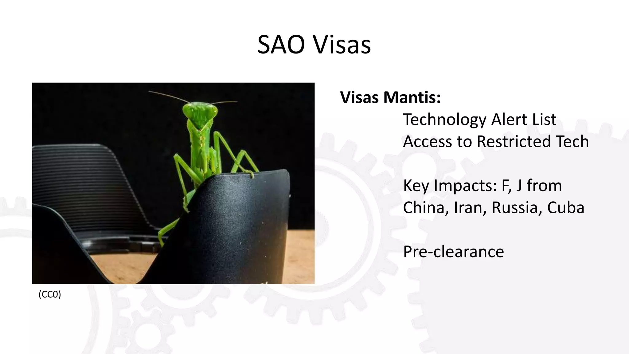 SAO Visas
Visas Mantis:
Technology Alert List
Access to Restricted Tech
Key Impacts: F, J from
China, Iran, Russia, Cuba
Pre-clearance
(CC0)
 