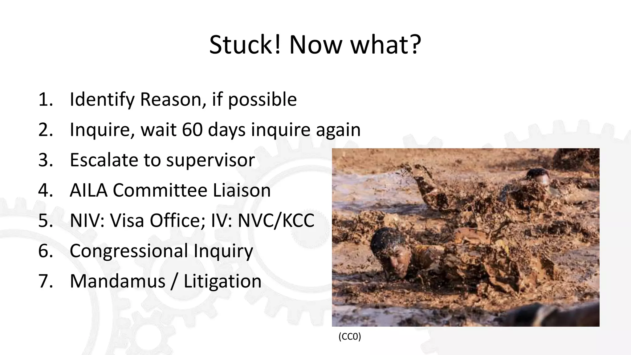 Stuck! Now what?
1. Identify Reason, if possible
2. Inquire, wait 60 days inquire again
3. Escalate to supervisor
4. AILA Committee Liaison
5. NIV: Visa Office; IV: NVC/KCC
6. Congressional Inquiry
7. Mandamus / Litigation
(CC0)
 