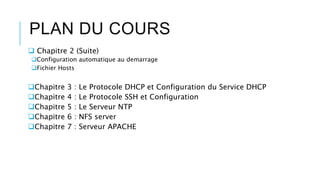 PLAN DU COURS
 Chapitre 2 (Suite)
Configuration automatique au demarrage
Fichier Hosts
Chapitre 3 : Le Protocole DHCP et Configuration du Service DHCP
Chapitre 4 : Le Protocole SSH et Configuration
Chapitre 5 : Le Serveur NTP
Chapitre 6 : NFS server
Chapitre 7 : Serveur APACHE
 