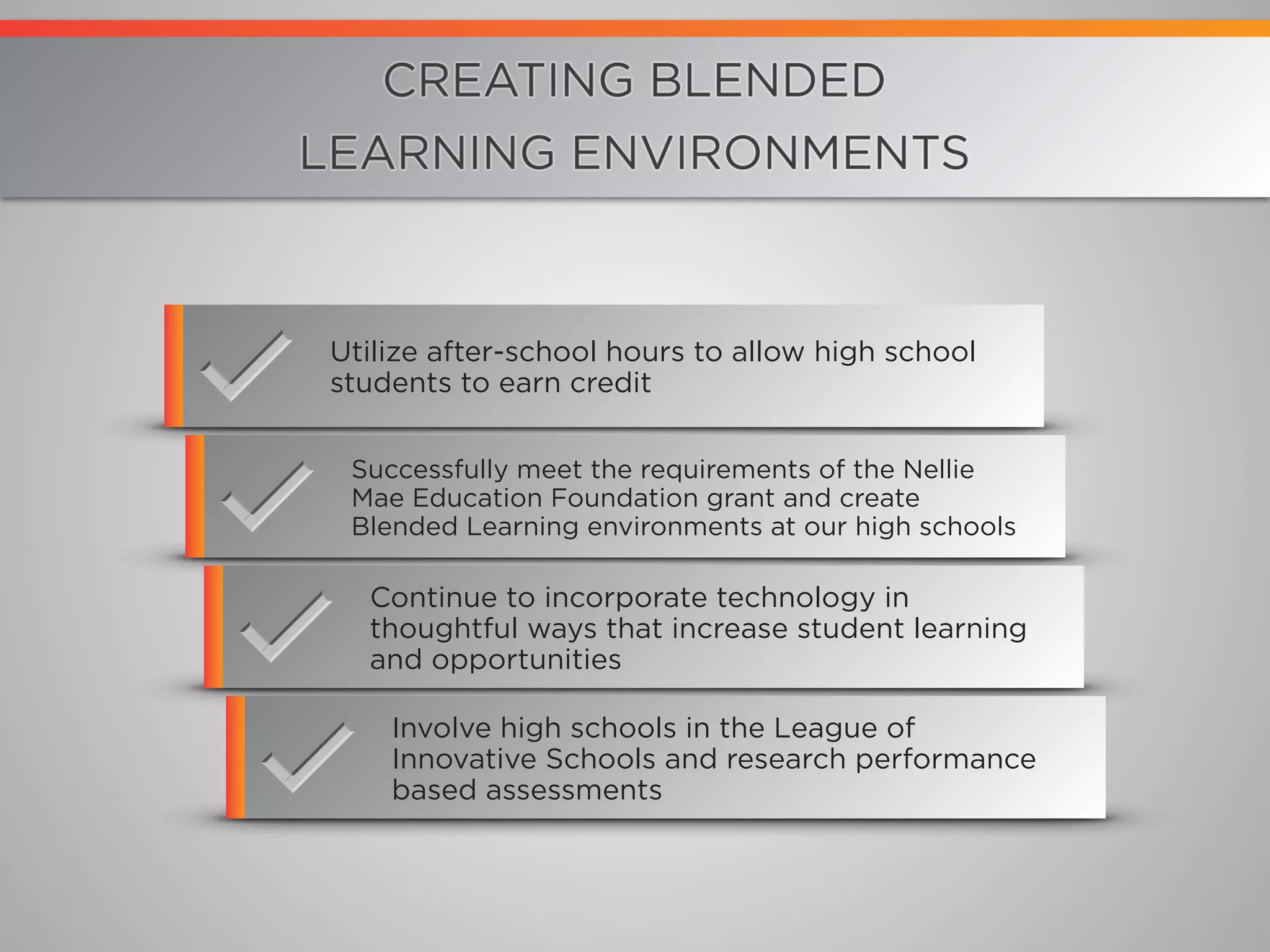 Utilize after-school hours to allow high school
students to earn credit
Successfully meet the requirements of the Nellie
Mae Education Foundation grant and create
Blended Learning environments at our high schools
Continue to incorporate technology in
thoughtful ways that increase student learning
and opportunities
Involve high schools in the League of
Innovative Schools and research performance
based assessments
 