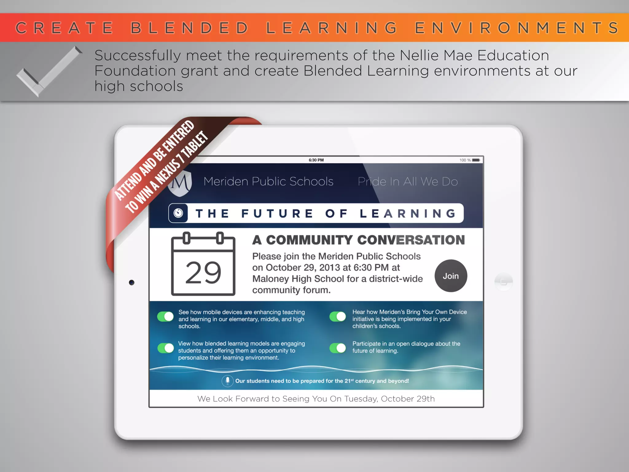 Successfully meet the requirements of the Nellie Mae Education
Foundation grant and create Blended Learning environments at our
high schools
 