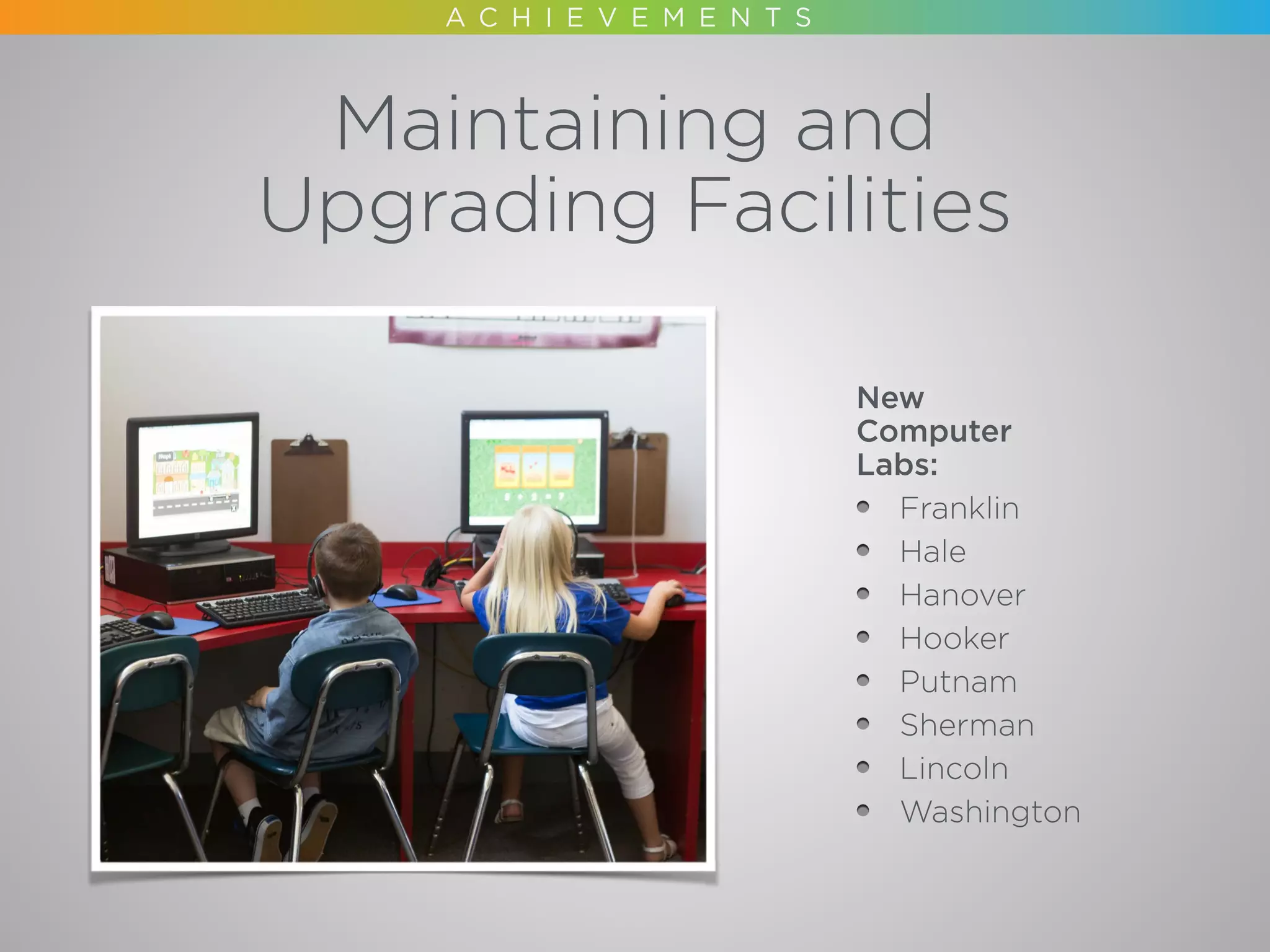 New
Computer
Labs:
Franklin
Hale
Hanover
Hooker
Putnam
Sherman
Lincoln
Washington
Maintaining and 
Upgrading Facilities
 