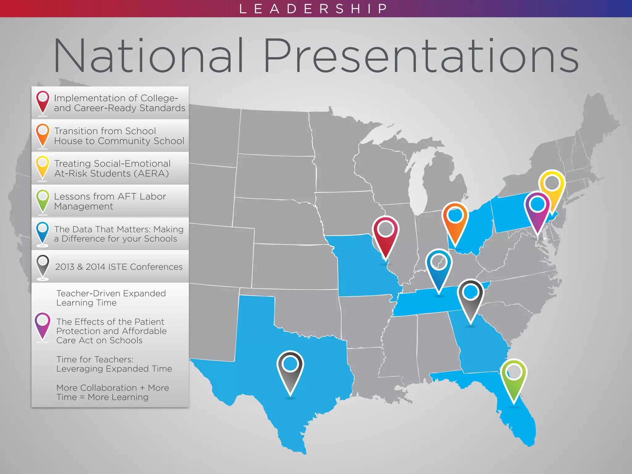 Implementation of College- 
and Career-Ready Standards
Transition from School 
House to Community School
Treating Social-Emotional 
At-Risk Students (AERA)
National Presentations
Lessons from AFT Labor
Management
The Data That Matters: Making 
a Difference for your Schools
2013 & 2014 ISTE Conferences
Teacher-Driven Expanded
Learning Time
The Effects of the Patient
Protection and Affordable
Care Act on Schools
Time for Teachers:
Leveraging Expanded Time
More Collaboration + More
Time = More Learning
 
