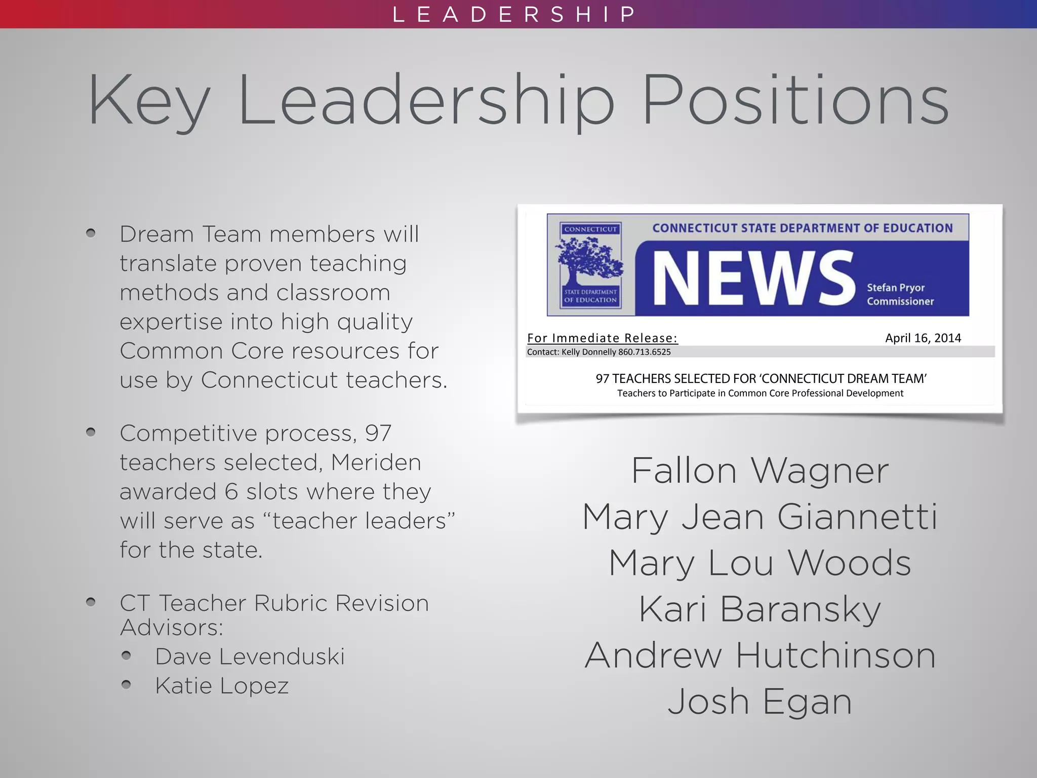 Key Leadership Positions
Dream Team members will
translate proven teaching
methods and classroom
expertise into high quality
Common Core resources for
use by Connecticut teachers.
Competitive process, 97
teachers selected, Meriden
awarded 6 slots where they
will serve as “teacher leaders”
for the state.
CT Teacher Rubric Revision
Advisors:
Dave Levenduski
Katie Lopez
For Immediate Release: April 16, 2014
Contact: Kelly Donnelly 860.713.6525
97 TEACHERS SELECTED FOR ‘CONNECTICUT DREAM TEAM’
Teachers to Par cipate in Common Core Professional Development
(Har ord, CT)– The State Department of Educ (SDE) today announced that 97 teachers from
86 schools across Connec cut will take part in TeachFest Connec cut, an intensive professional
learning session on the Common Core State Standards, where they will develop high-quality
resources to be shared with fellow teachers. The ‘Connec t Dream Team’ will con nue working
with their peers in the weeks following TeachFest and later serve as teacher leaders at a larger
event this summer. Par ipants teach a wide spectrum of di rent grade levels, with 60 specializing
in English language arts and 37 in mathem cs.
“TeachFest will provide teachers with the opportunity to collaborate and innovate as they develop
high-quality Common Core resources to be shared with their colleagues. Par pants will also serve
as teacher leaders in future Common Core-related events and ac vi es. We thank and congratulate
the teachers who have volunteered and been selected for the Connec t Dream Team,” State
Department of Educ Commissioner Stefan Pryor said. “This is a new and exci ng element of
our growing array of Common Core supports for teachers and school leaders. We are grateful to
Governor Malloy and the General Assembly for providing the resources that enable us to provide
these cri cal supports for educators.”
TeachFest Connec cut represents one of the professional development opportuni es supported by
the State Department of Educ regarding the implementa on of the Common Core State
Standards. The Connec cut Dream Team will rst convene in Har ord from April 25-27 for
TeachFest Connec cut, a celebr of teaching and an intensive, structured working session
facilitated by LearnZillion. A provider of digital curriculum and professional development for the
Common Core, LearnZillion developed this innov ve model.
“Connec t teachers’ response to this opportunity has been wonderful,” said Eric Westendorf,
CEO of LearnZillion. “We’re excited to support the SDE’s commitment to teachers by sharing our
Fallon Wagner
Mary Jean Giannetti
Mary Lou Woods
Kari Baransky
Andrew Hutchinson
Josh Egan
 