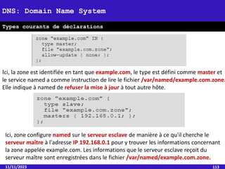 11/11/2023 113
DNS: Domain Name System
Types courants de déclarations
Ici, la zone est identifiée en tant que example.com, le type est défini comme master et
le service named a comme instruction de lire le fichier /var/named/example.com.zone.
Elle indique à named de refuser la mise à jour à tout autre hôte.
Ici, zone configure named sur le serveur esclave de manière à ce qu'il cherche le
serveur maître à l'adresse IP 192.168.0.1 pour y trouver les informations concernant
la zone appelée example.com. Les informations que le serveur esclave reçoit du
serveur maître sont enregistrées dans le fichier /var/named/example.com.zone.
 