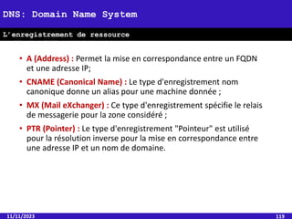 • A (Address) : Permet la mise en correspondance entre un FQDN
et une adresse IP;
• CNAME (Canonical Name) : Le type d'enregistrement nom
canonique donne un alias pour une machine donnée ;
• MX (Mail eXchanger) : Ce type d'enregistrement spécifie le relais
de messagerie pour la zone considéré ;
• PTR (Pointer) : Le type d'enregistrement "Pointeur" est utilisé
pour la résolution inverse pour la mise en correspondance entre
une adresse IP et un nom de domaine.
11/11/2023 119
DNS: Domain Name System
L’enregistrement de ressource
 