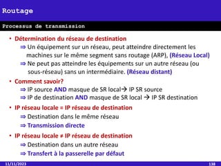 11/11/2023 138
Routage
Processus de transmission
• Détermination du réseau de destination
⇒ Un équipement sur un réseau, peut atteindre directement les
machines sur le même segment sans routage (ARP), (Réseau Local)
⇒ Ne peut pas atteindre les équipements sur un autre réseau (ou
sous-réseau) sans un intermédiaire. (Réseau distant)
• Comment savoir?
⇒ IP source AND masque de SR local IP SR source
⇒ IP de destination AND masque de SR local  IP SR destination
• IP réseau locale = IP réseau de destination
⇒ Destination dans le même réseau
⇒ Transmission directe
• IP réseau locale ≠ IP réseau de destination
⇒ Destination dans un autre réseau
⇒ Transfert à la passerelle par défaut
 