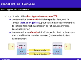 • Le protocole utilise deux types de connexions TCP :
⇒ Une connexion de contrôle initialisée par le client, vers le
serveur (port 21 en général), pour transmettre les commandes
de fichiers (transfert, suppression de fichiers, renommage,
liste des fichiers…)
⇒ Une connexion de données initialisée par le client ou le serveur
pour transférer les données requises (contenu des fichiers,
liste de fichiers)
11/11/2023 184
Transfert de fichiers
FTP: Types de connexion
 