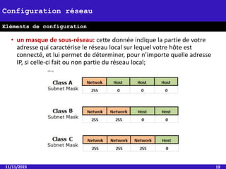 • un masque de sous-réseau: cette donnée indique la partie de votre
adresse qui caractérise le réseau local sur lequel votre hôte est
connecté, et lui permet de déterminer, pour n’importe quelle adresse
IP, si celle-ci fait ou non partie du réseau local;
11/11/2023 19
Configuration réseau
Eléments de configuration
 