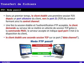 • Dans un premier temps, le client établit une première session TCP,
depuis un port aléatoire du client, vers le port 21 (TCP) du serveur
formant ainsi le control channel.
• Une fois la session établie et l'authentification FTP acceptée, le client
demande au serveur de se mettre en attente de session TCP grâce à
la commande PASV, le serveur accepte et indique quel port il met à la
disposition du client,
• le client établit une seconde session TCP sur ce port ("data channel").
11/11/2023 190
Transfert de fichiers
FTP: Mode passif
 