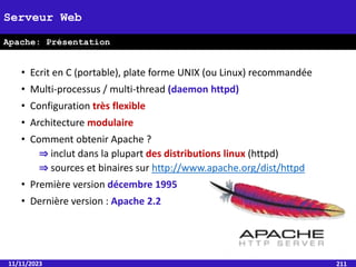 • Ecrit en C (portable), plate forme UNIX (ou Linux) recommandée
• Multi-processus / multi-thread (daemon httpd)
• Configuration très flexible
• Architecture modulaire
• Comment obtenir Apache ?
⇒ inclut dans la plupart des distributions linux (httpd)
⇒ sources et binaires sur http://www.apache.org/dist/httpd
• Première version décembre 1995
• Dernière version : Apache 2.2
11/11/2023 211
Serveur Web
Apache: Présentation
 