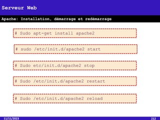 11/11/2023 212
Serveur Web
Apache: Installation, démarrage et redémarrage
# Sudo apt-get install apache2
# sudo /etc/init.d/apache2 start
# Sudo etc/init.d/apache2 stop
# Sudo /etc/init.d/apache2 restart
# Sudo /etc/init.d/apache2 reload
 