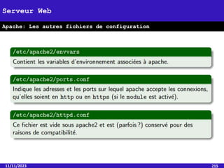 11/11/2023 215
Serveur Web
Apache: Les autres fichiers de configuration
 