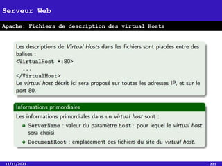 11/11/2023 221
Serveur Web
Apache: Fichiers de description des virtual Hosts
 
