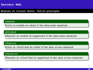 11/11/2023 222
Serveur Web
Modules et virtual Hosts: Outils pratiques
 