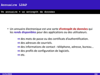 • Un annuaire électronique est une sorte d’entrepôt de données qui
les rends disponibles pour des applications ou des utilisateurs.
⇒ des mots de passe ou des certificats d’authentification.
⇒ des adresses de courriels.
⇒ des informations de contact : téléphone, adresse, bureau...
⇒ des profils de configuration de logiciels.
⇒ etc.
11/11/2023 259
Annuaire LDAP
Un annuaire ≈ un entrepôt de données
 