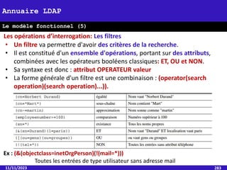 11/11/2023 283
Annuaire LDAP
Le modèle fonctionnel (5)
Les opérations d’interrogation: Les filtres
• Un filtre va permettre d'avoir des critères de la recherche.
• Il est constitué d'un ensemble d'opérations, portant sur des attributs,
combinées avec les opérateurs booléens classiques: ET, OU et NON.
• Sa syntaxe est donc : attribut OPERATEUR valeur
• La forme générale d'un filtre est une combinaison : (operator(search
operation)(search operation)...)).
Ex : (&(objectclass=inetOrgPerson)(!(mail=*)))
Toutes les entrées de type utilisateur sans adresse mail
 