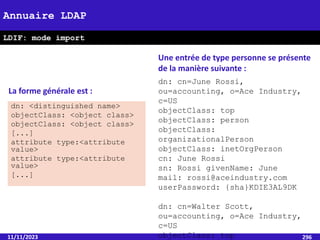 dn: <distinguished name>
objectClass: <object class>
objectClass: <object class>
[...]
attribute type:<attribute
value>
attribute type:<attribute
value>
[...]
11/11/2023 296
Annuaire LDAP
LDIF: mode import
dn: cn=June Rossi,
ou=accounting, o=Ace Industry,
c=US
objectClass: top
objectClass: person
objectClass:
organizationalPerson
objectClass: inetOrgPerson
cn: June Rossi
sn: Rossi givenName: June
mail: rossi@aceindustry.com
userPassword: {sha}KDIE3AL9DK
dn: cn=Walter Scott,
ou=accounting, o=Ace Industry,
c=US
objectClass: top
La forme générale est :
Une entrée de type personne se présente
de la manière suivante :
 