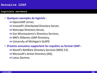 • Quelques exemples de logiciels :
⇒ OpenLDAP server,
⇒ Innosoft’s Distributed Directory Server,
⇒ Netscape Directory Server,
⇒ Sun Microsystems’s Directory Services,
⇒ IBM’s DSSeries LDAP Directory,
⇒ University of Michigan’s SLAPD
• D’autres annuaires supportent les requêtes au format LDAP :
⇒ Novell’s NetWare Directory Services (NDS) 3.0,
⇒ Microsoft’s Active Directory (AD),
⇒ Lotus Domino.
11/11/2023 298
Annuaire LDAP
Logiciels serveurs
 