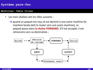 11/11/2023 316
Système pare-feu
Netfilter: Table filter
• Les trois chaînes ont les rôles suivants :
⇒ quand un paquet est reçu et est destiné à une autre machine (la
machine locale doit le router vers une autre machine), ce
paquet passe dans la chaîne FORWARD. S’il est accepté, il est
retransmis vers sa destination ;
 