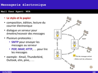 • Le stylo et le papier
• composition, édition, lecture du
courrier électronique
• dialogue un serveur pour
émettre/recevoir des messages
• Plusieurs protocoles :
• SMTP pour envoyer les
messages au serveur
• POP, IMAP, HTTP, . . .pour lire
les messages
• exemple : Kmail, Thunderbird,
Outlook, elm, pine, . . .
11/11/2023 339
Messagerie électronique
Mail User Agent: MUA
 