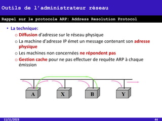 • La technique:
o Diffusion d'adresse sur le réseau physique
o La machine d'adresse IP émet un message contenant son adresse
physique
o Les machines non concernées ne répondent pas
o Gestion cache pour ne pas effectuer de requête ARP à chaque
émission
11/11/2023 44
Outils de l’administrateur réseau
Rappel sur le protocole ARP: Address Resolution Protocol
 