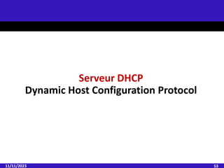 11/11/2023 53
Serveur DHCP
Dynamic Host Configuration Protocol
 