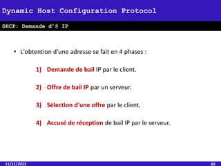 • L'obtention d'une adresse se fait en 4 phases :
1) Demande de bail IP par le client.
2) Offre de bail IP par un serveur.
3) Sélection d'une offre par le client.
4) Accusé de réception de bail IP par le serveur.
11/11/2023 60
Dynamic Host Configuration Protocol
DHCP: Demande d’@ IP
 