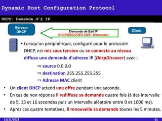 11/11/2023 61
Dynamic Host Configuration Protocol
DHCP: Demande d’@ IP
• Lorsqu’un périphérique, configuré pour le protocole
DHCP, est mis sous tension ou se connecte au réseau
diffuse une demande d'adresse IP (DhcpDiscover) avec :
⇒ source 0.0.0.0
⇒ destination 255.255.255.255
⇒ Adresse MAC client
• Un client DHCP attend une offre pendant une seconde.
• En cas de non réponse il rediffuse sa demande quatre fois (à des intervalle
de 9, 13 et 16 secondes puis un intervalle aléatoire entre 0 et 1000 ms).
• Après ces quatre tentatives, il renouvelle sa demande toutes les 5 minutes.
 