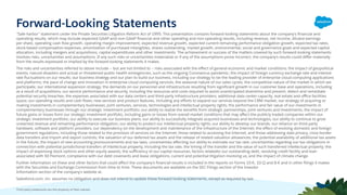 Forward-Looking Statements
"Safe harbor" statement under the Private Securities Litigation Reform Act of 1995: This presentation contains forward-looking statements about the company's ﬁnancial and
operating results, which may include expected GAAP and non-GAAP ﬁnancial and other operating and non-operating results, including revenue, net income, diluted earnings
per share, operating cash ﬂow growth, operating margin improvement, expected revenue growth, expected current remaining performance obligation growth, expected tax rates,
stock-based compensation expenses, amortization of purchased intangibles, shares outstanding, market growth, environmental, social and governance goals and expected capital
allocation, including mergers and acquisitions, capital expenditures and other investments. The achievement or success of the matters covered by such forward-looking statements
involves risks, uncertainties and assumptions. If any such risks or uncertainties materialize or if any of the assumptions prove incorrect, the company’s results could diﬀer materially
from the results expressed or implied by the forward-looking statements it makes.
The risks and uncertainties referred to above include -- but are not limited to -- risks associated with the eﬀect of general economic and market conditions; the impact of geopolitical
events, natural disasters and actual or threatened public health emergencies, such as the ongoing Coronavirus pandemic; the impact of foreign currency exchange rate and interest
rate ﬂuctuations on our results; our business strategy and our plan to build our business, including our strategy to be the leading provider of enterprise cloud computing applications
and platforms; the pace of change and innovation in enterprise cloud computing services; the seasonal nature of our sales cycles; the competitive nature of the market in which we
participate; our international expansion strategy; the demands on our personnel and infrastructure resulting from signiﬁcant growth in our customer base and operations, including
as a result of acquisitions; our service performance and security, including the resources and costs required to avoid unanticipated downtime and prevent, detect and remediate
potential security breaches; the expenses associated with our data centers and third-party infrastructure providers; additional data center capacity; real estate and oﬃce facilities
space; our operating results and cash ﬂows; new services and product features, including any eﬀorts to expand our services beyond the CRM market; our strategy of acquiring or
making investments in complementary businesses, joint ventures, services, technologies and intellectual property rights; the performance and fair value of our investments in
complementary businesses through our strategic investment portfolio; our ability to realize the beneﬁts from strategic partnerships, joint ventures and investments; the impact of
future gains or losses from our strategic investment portfolio, including gains or losses from overall market conditions that may aﬀect the publicly traded companies within our
strategic investment portfolio; our ability to execute our business plans; our ability to successfully integrate acquired businesses and technologies; our ability to continue to grow
unearned revenue and remaining performance obligation; our ability to protect our intellectual property rights; our ability to develop our brands; our reliance on third-party
hardware, software and platform providers; our dependency on the development and maintenance of the infrastructure of the Internet; the eﬀect of evolving domestic and foreign
government regulations, including those related to the provision of services on the Internet, those related to accessing the Internet, and those addressing data privacy, cross-border
data transfers and import and export controls; the valuation of our deferred tax assets and the release of related valuation allowances; the potential availability of additional tax assets
in the future; the impact of new accounting pronouncements and tax laws; uncertainties aﬀecting our ability to estimate our tax rate; uncertainties regarding our tax obligations in
connection with potential jurisdictional transfers of intellectual property, including the tax rate, the timing of the transfer and the value of such transferred intellectual property; the
impact of expensing stock options and other equity awards; the suﬃciency of our capital resources; factors relatedto our outstanding debt, revolving credit facility and loan
associated with 50 Fremont; compliance with our debt covenants and lease obligations; current and potential litigation involving us; and the impact of climate change.
Further information on these and other factors that could aﬀect the company’s ﬁnancial results is included in the reports on Forms 10-K, 10-Q and 8-K and in other ﬁlings it makes
with the Securities and Exchange Commission from time to time. These documents are available on the SEC Filings section of the Investor
Information section of the company’s website at.
Salesforce.com, inc. assumes no obligation and does not intend to update these forward-looking statements, except as required by law.
Third party trademarks are the property of their owners.
 