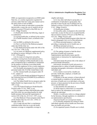 HIPAA Administrative Simplification Regulation Text
                                                                                                    March 2006

HMO, an organization recognized as an HMO under                   eligible individuals.
State law, or a similar organization regulated for                    (xvii) Any other individual or group plan, or
solvency under State law in the same manner and to                combination of individual or group plans, that
the same extent as such an HMO.                                   provides or pays for the cost of medical care (as
     Health plan means an individual or group plan                defined in section 2791(a)(2) of the PHS Act, 42
that provides, or pays the cost of, medical care (as              U.S.C. 300gg–91(a)(2)).
defined in section 2791(a)(2) of the PHS Act, 42                      (2) Health plan excludes:
U.S.C. 300gg–91(a)(2)).                                               (i) Any policy, plan, or program to the extent that
     (1) Health plan includes the following, singly or            it provides, or pays for the cost of, excepted benefits
in combination:                                                   that are listed in section 2791(c)(1) of the PHS Act,
     (i) A group health plan, as defined in this section.         42 U.S.C. 300gg–91(c)(1); and
     (ii) A health insurance issuer, as defined in this               (ii) A government-funded program (other than one
section.                                                          listed in paragraph (1)(i)–(xvi) of this definition):
     (iii) An HMO, as defined in this section.                        (A) Whose principal purpose is other than
     (iv) Part A or Part B of the Medicare program                providing, or paying the cost of, health care; or
under title XVIII of the Act.                                         (B) Whose principal activity is:
     (v) The Medicaid program under title XIX of the                  (1) The direct provision of health care to persons;
Act, 42 U.S.C. 1396, et seq.                                      or
     (vi) An issuer of a Medicare supplemental policy                 (2) The making of grants to fund the direct
(as defined in section 1882(g)(1) of the Act, 42                  provision of health care to persons.
U.S.C. 1395ss(g)(1)).                                             Implementation specification means specific
     (vii) An issuer of a long-term care policy,                  requirements or instructions for implementing a
excluding a nursing home fixed-indemnity policy.                  standard.
     (viii) An employee welfare benefit plan or any                   Individual means the person who is the subject of
other arrangement that is established or maintained               protected health information.
for the purpose of offering or providing health                       Individually identifiable health information is
benefits to the employees of two or more employers.               information that is a subset of health information,
     (ix) The health care program for active military             including demographic information collected from an
personnel under title 10 of the United States Code.               individual, and:
     (x) The veterans health care program under 38                    (1) Is created or received by a health care
U.S.C. chapter 17.                                                provider, health plan, employer, or health care
     (xi) The Civilian Health and Medical Program of              clearinghouse; and
the Uniformed Services (CHAMPUS) (as defined in                       (2) Relates to the past, present, or future physical
10 U.S.C. 1072(4)).                                               or mental health or condition of an individual; the
     (xii) The Indian Health Service program under the            provision of health care to an individual; or the past,
Indian Health Care Improvement Act, 25 U.S.C.                     present, or future payment for the provision of health
1601, et seq.                                                     care to an individual; and
     (xiii) The Federal Employees Health Benefits                     (i) That identifies the individual; or
Program under 5 U.S.C. 8902, et seq.                                  (ii) With respect to which there is a reasonable
     (xiv) An approved State child health plan under              basis to believe the information can be used to
title XXI of the Act, providing benefits for child                identify the individual.
health assistance that meet the requirements of                       Modify or modification refers to a change adopted
section 2103 of the Act, 42 U.S.C. 1397, et seq.                  by the Secretary, through regulation, to a standard or
     (xv) The Medicare+Choice program under Part C                an implementation specification.
of title XVIII of the Act, 42 U.S.C. 1395w–21                         Organized health care arrangement means:
through 1395w–28.                                                     (1) A clinically integrated care setting in which
     (xvi) A high risk pool that is a mechanism                   individuals typically receive health care from more
established under State law to provide health                     than one health care provider;
insurance coverage or comparable coverage to                          (2) An organized system of health care in which


                                                            -4­
 