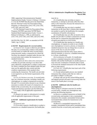 HIPAA Administrative Simplification Regulation Text
                                                                                                    March 2006

2000, supporting Telecommunication Standard                       must do so.
Implementation Guide, Version 5, Release 1 (Version                   (2) A health plan may not delay or reject a
5.1) for the NCPDP Data Record in the Detail Data                 transaction, or attempt to adversely affect the other
Record, National Council for Prescription Drug                    entity or the transaction, because the transaction is a
Programs, as referenced in §162.1102, §162.1202,                  standard transaction.
§162.1302, and §162.1802.                                             (3) A health plan may not reject a standard
   (3) The National Council for Prescription Drug                 transaction on the basis that it contains data elements
Programs (NCPDP) equivalent NCPDP Batch                           not needed or used by the health plan (for example,
Standard Batch Implementation Guide, Version 1,                   coordination of benefits information).
Release 0, February 1, 1996, as referenced in                         (4) A health plan may not offer an incentive for a
§162.1102, §162.1202, §162.1602, and §162.1802.                   health care provider to conduct a transaction covered
                                                                  by this part as a transaction described under the
[68 FR 8396, Feb. 20, 2003, as amended at 69 FR                   exception provided for in §162.923(b).
18803, Apr. 9, 2004]                                                  (5) A health plan that operates as a health care
                                                                  clearinghouse, or requires an entity to use a health
§ 162.923 Requirements for covered entities.                      care clearinghouse to receive, process, or transmit a
    (a) General rule. Except as otherwise provided in             standard transaction may not charge fees or costs in
this part, if a covered entity conducts with another              excess of the fees or costs for normal
covered entity (or within the same covered entity),               telecommunications that the entity incurs when it
using electronic media, a transaction for which the               directly transmits, or receives, a standard transaction
Secretary has adopted a standard under this part, the             to, or from, a health plan.
covered entity must conduct the transaction as a                      (b) Coordination of benefits. If a health plan
standard transaction.                                             receives a standard transaction and coordinates
    (b) Exception for direct data entry transactions.             benefits with another health plan (or another payer), it
A health care provider electing to use direct data                must store the coordination of benefits data it needs
entry offered by a health plan to conduct a transaction           to forward the standard transaction to the other health
for which a standard has been adopted under this part             plan (or other payer).
must use the applicable data content and data                         (c) Code sets. A health plan must meet each of the
condition requirements of the standard when                       following requirements:
conducting the transaction. The health care provider                  (1) Accept and promptly process any standard
is not required to use the format requirements of the             transaction that contains codes that are valid, as
standard.                                                         provided in subpart J of this part.
    (c) Use of a business associate. A covered entity                 (2) Keep code sets for the current billing period
may use a business associate, including a health care             and appeals periods still open to processing under the
clearinghouse, to conduct a transaction covered by                terms of the health plan's coverage.
this part. If a covered entity chooses to use a business
associate to conduct all or part of a transaction on              § 162.930 Additional rules for health care
behalf of the covered entity, the covered entity must             clearinghouses.
require the business associate to do the following:               When acting as a business associate for another
    (1) Comply with all applicable requirements of                covered entity, a health care clearinghouse may
this part.                                                        perform the following functions:
    (2) Require any agent or subcontractor to comply                  (a) Receive a standard transaction on behalf of the
with all applicable requirements of this part.                    covered entity and translate it into a nonstandard
                                                                  transaction (for example, nonstandard format and/or
§ 162.925 Additional requirements for health                      nonstandard data content) for transmission to the
plans.                                                            covered entity.
    (a) General rules.                                                (b) Receive a nonstandard transaction (for
    (1) If an entity requests a health plan to conduct a          example, nonstandard format and/or nonstandard data
transaction as a standard transaction, the health plan            content) from the covered entity and translate it into a


                                                           -28­
 