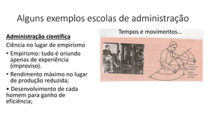 Alguns exemplos escolas de administração
Administração científica
Ciência no lugar de empirismo
• Empirismo: tudo é oriundo
apenas de experiência
(improviso).
• Rendimento máximo no lugar
de produção reduzida;
• Desenvolvimento de cada
homem para ganho de
eficiência;
 