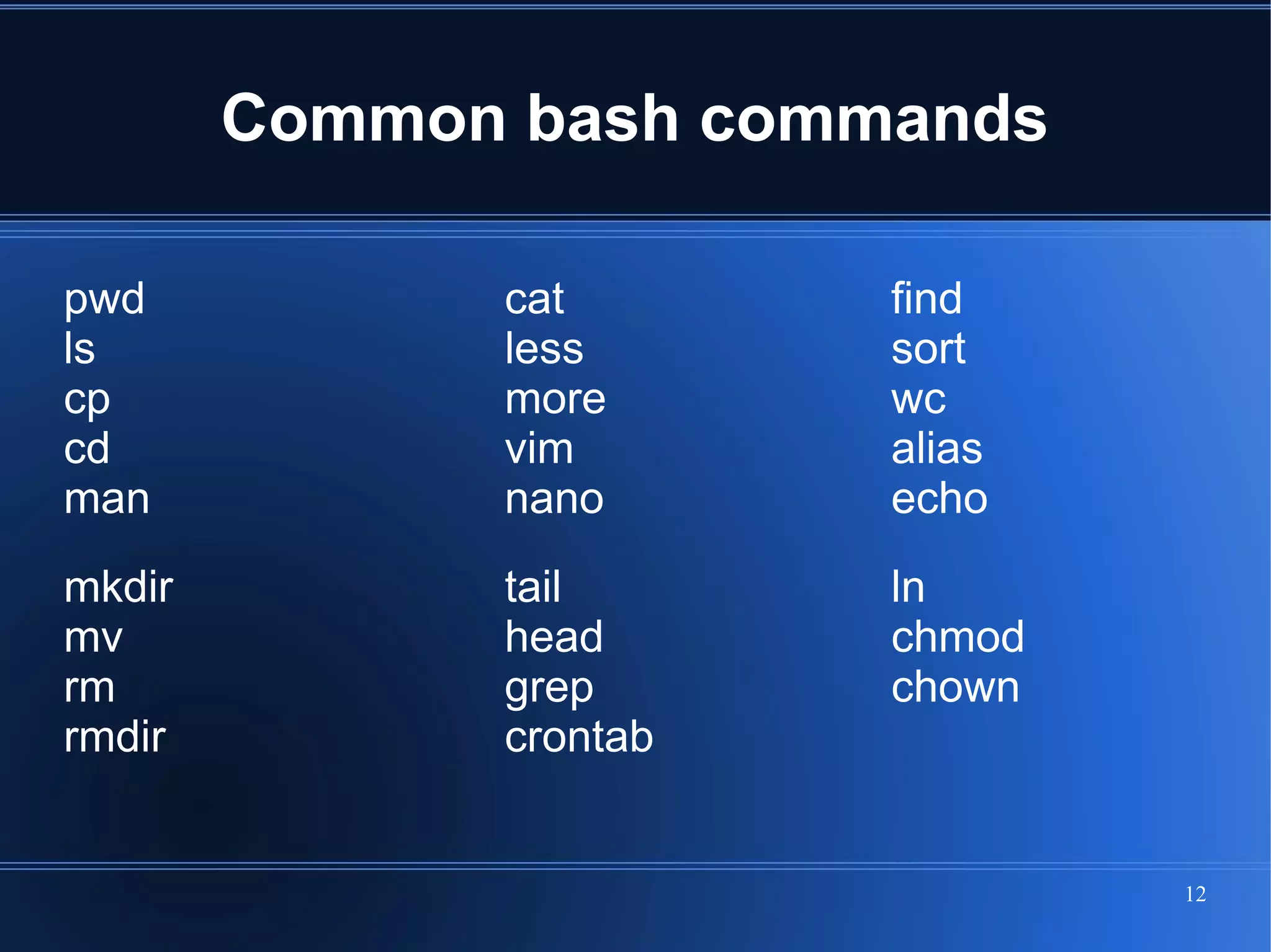 Common bash commands

pwd           cat       find
ls            less      sort
cp            more      wc
cd            vim       alias
man           nano      echo
mkdir         tail      ln
mv            head      chmod
rm            grep      chown
rmdir         crontab


                                12
 