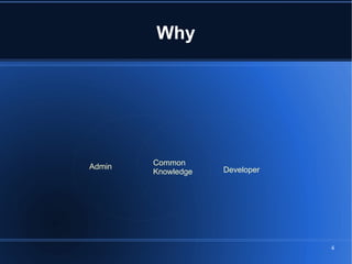 Why




Admin   Common
        Knowledge   Developer




                                4
 