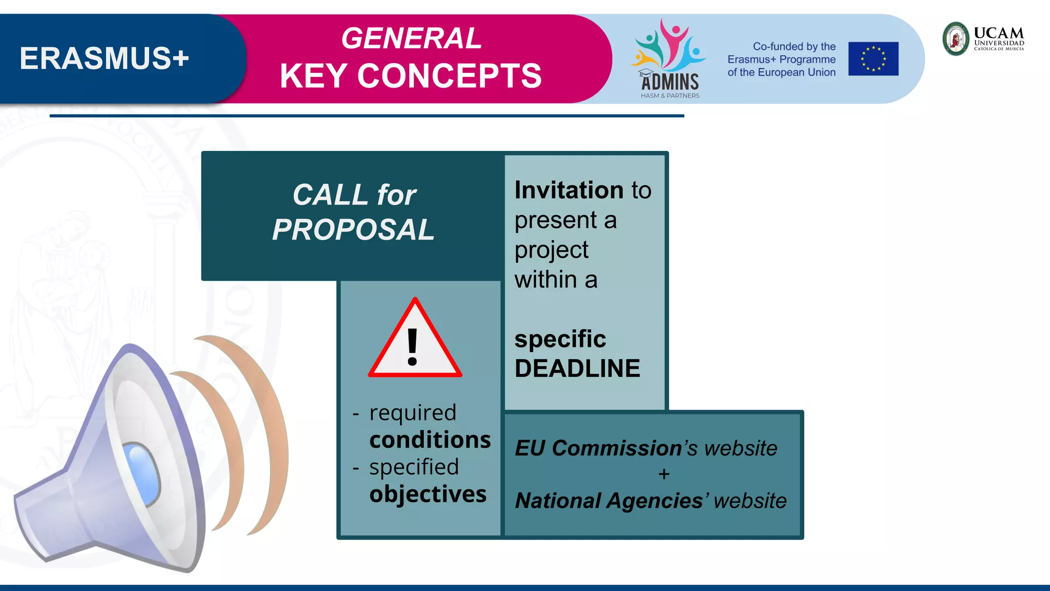 ERASMUS+
Invitation to
present a
project
within a
specific
DEADLINE
CALL for
PROPOSAL
EU Commission’s website
+
National Agencies’ website
!
- required
conditions
- speciﬁed
objectives
GENERAL
KEY CONCEPTS
 