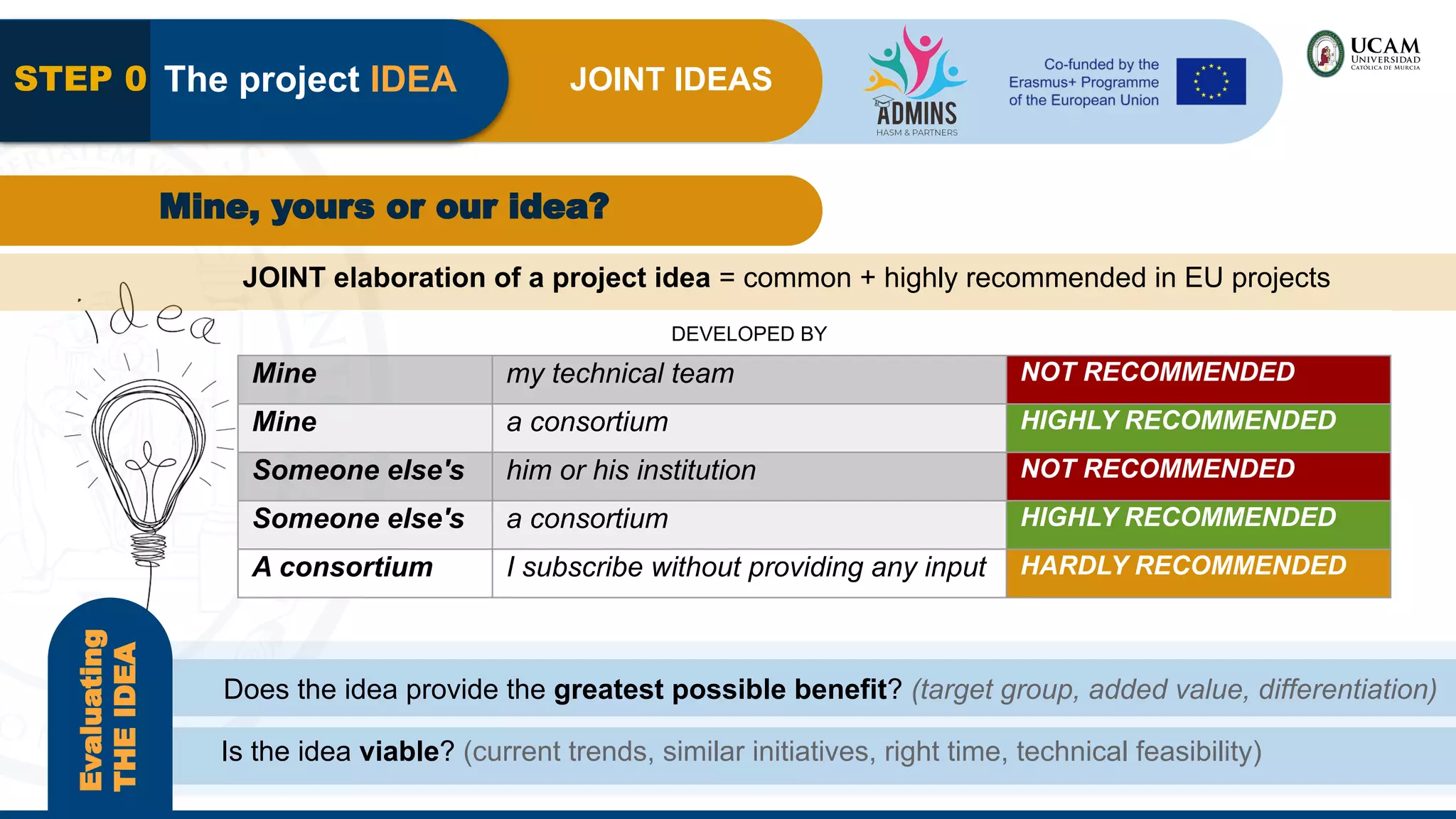 JOINT IDEAS
The project IDEA
STEP 0
JOINT elaboration of a project idea = common + highly recommended in EU projects
Evaluating
THE
IDEA
Is the idea viable? (current trends, similar initiatives, right time, technical feasibility)
Does the idea provide the greatest possible benefit? (target group, added value, differentiation)
DEVELOPED BY
Mine my technical team NOT RECOMMENDED
Mine a consortium HIGHLY RECOMMENDED
Someone else's him or his institution NOT RECOMMENDED
Someone else's a consortium HIGHLY RECOMMENDED
A consortium I subscribe without providing any input HARDLY RECOMMENDED
Mine, yours or our idea?
 