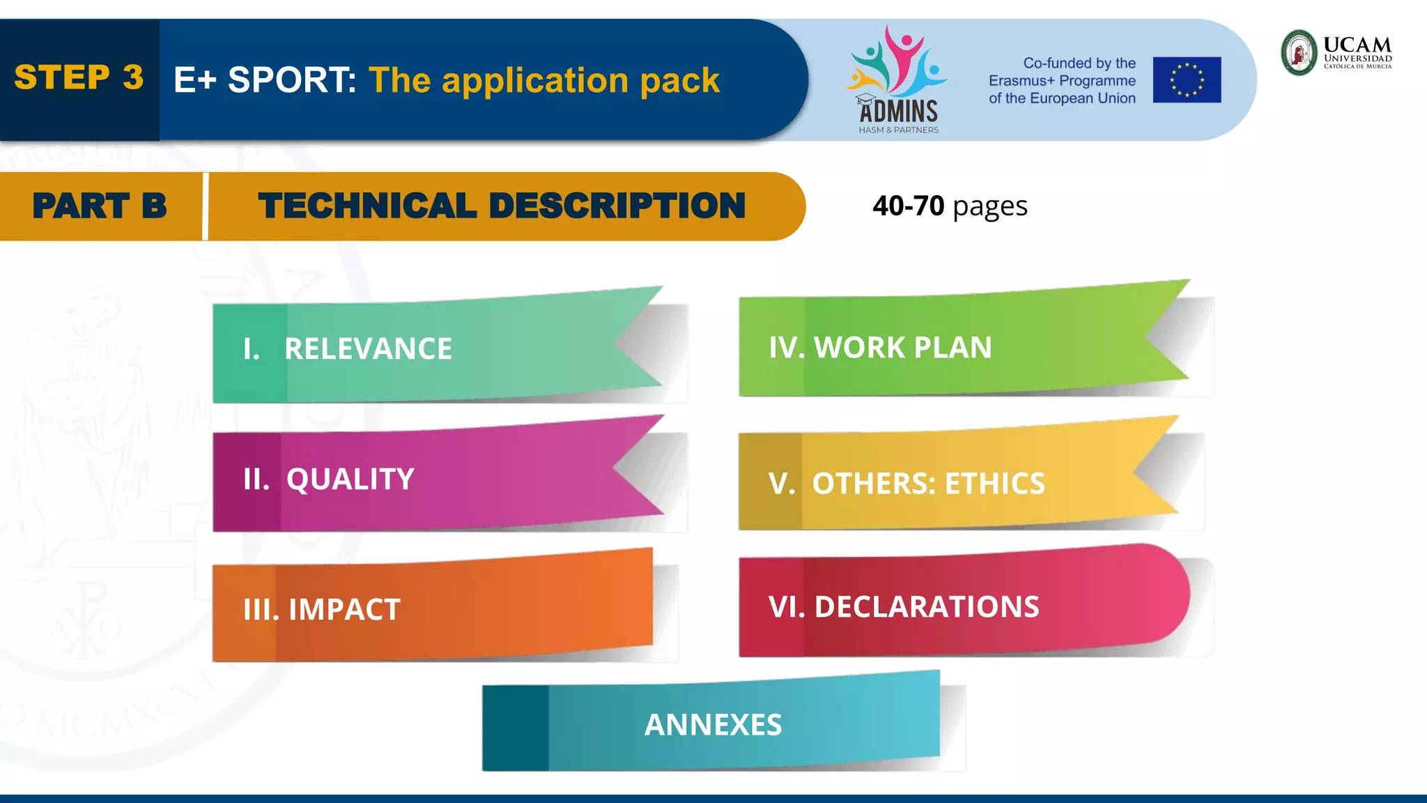 STEP 3 E+ SPORT: The application pack
PART B TECHNICAL DESCRIPTION 40-70 pages
I. RELEVANCE
II. QUALITY
III. IMPACT
IV. WORK PLAN
V. OTHERS: ETHICS
VI. DECLARATIONS
ANNEXES
 