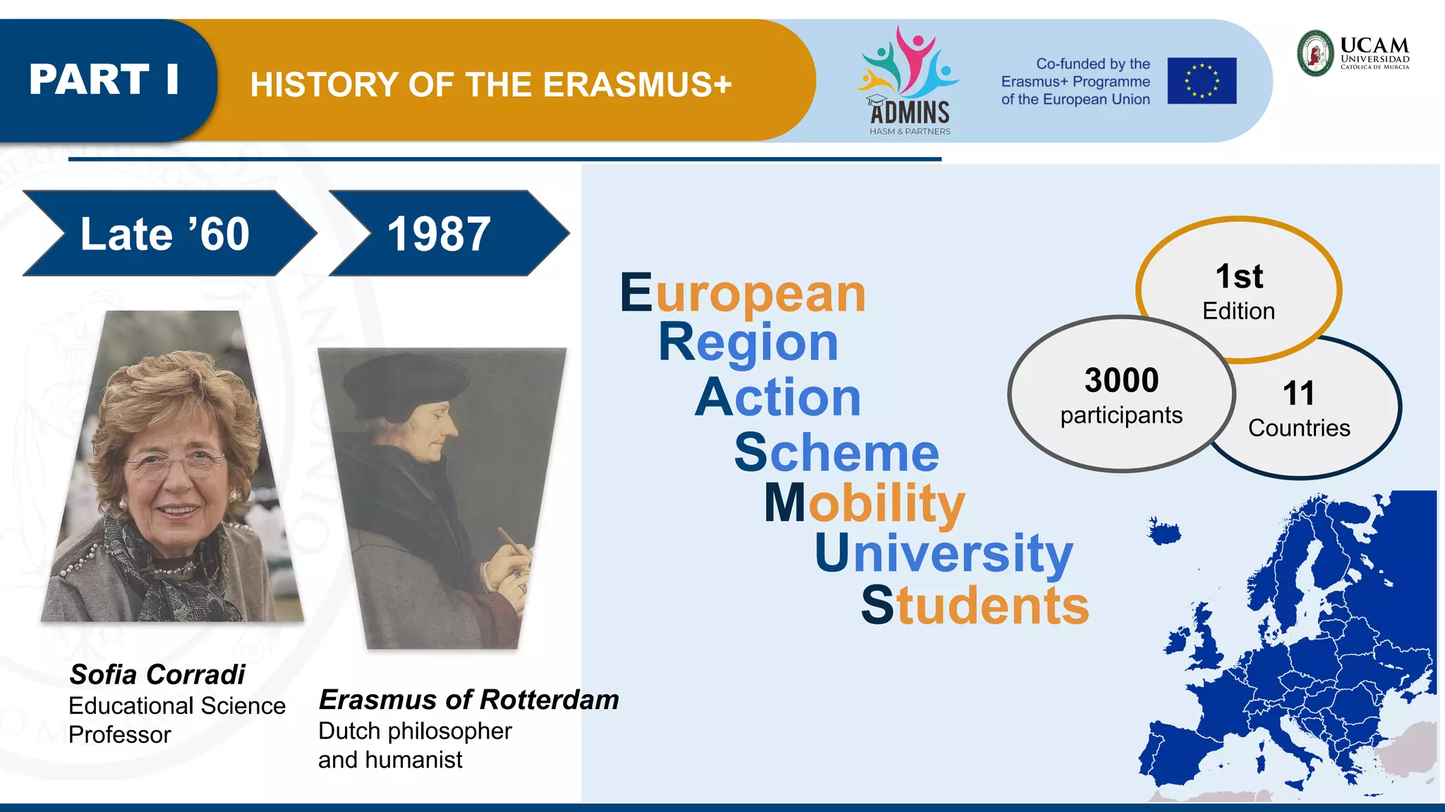HISTORY OF THE ERASMUS+
European
Region
Action
Scheme
Mobility
University
Students
1987
Late ’60
Sofia Corradi
Educational Science
Professor
Erasmus of Rotterdam
Dutch philosopher
and humanist
PART I HISTORY OF THE ERASMUS+
11
Countries
1st
Edition
3000
participants
 