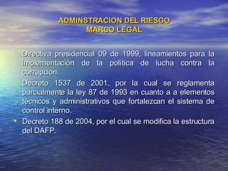 ADMINSTRACION DEL RIESGO MARCO LEGAL Directiva presidencial 09 de 1999, lineamientos para la implementación de la política de lucha contra la corrupción. Decreto 1537 de 2001, por la cual se reglamenta parcialmente la ley 87 de 1993 en cuanto a a elementos técnicos y administrativos que fortalezcan el sistema de control interno. Decreto 188 de 2004, por el cual se modifica la estructura del DAFP. 