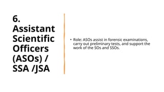 6.
Assistant
Scientific
Officers
(ASOs) /
SSA /JSA
• Role: ASOs assist in forensic examinations,
carry out preliminary tests, and support the
work of the SOs and SSOs.
 